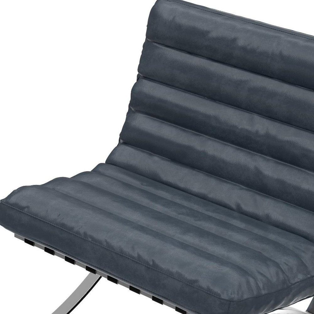 29" Blue and Silver Tufted Leather and Upholstered Folding Lounge Chair HomeRoots