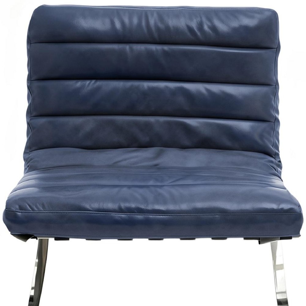 29" Blue and Silver Tufted Leather and Upholstered Folding Lounge Chair