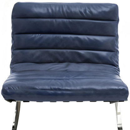 29" Blue and Silver Tufted Leather and Upholstered Folding Lounge Chair