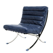 29" Blue and Silver Tufted Leather and Upholstered Folding Lounge Chair - Fluent Trends Accent Chairs