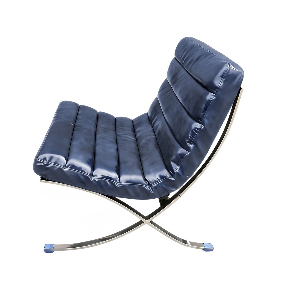 29" Blue and Silver Tufted Leather and Upholstered Folding Lounge Chair