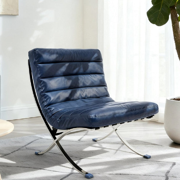 29" Blue and Silver Tufted Leather and Upholstered Folding Lounge Chair - Fluent Trends Accent Chairs
