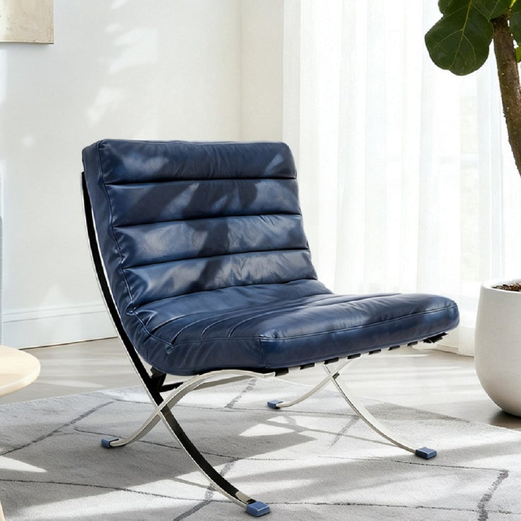 29" Blue and Silver Tufted Leather and Upholstered Folding Lounge Chair - Fluent Trends Accent Chairs