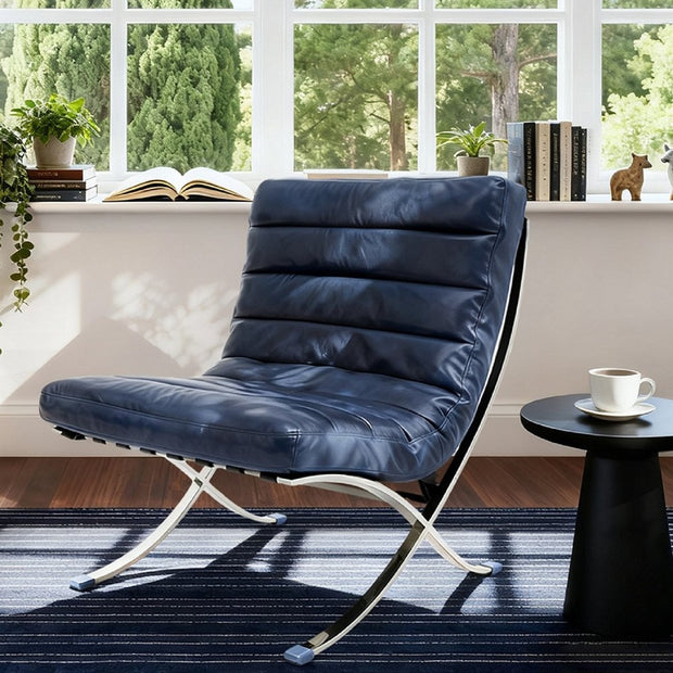 29" Blue and Silver Tufted Leather and Upholstered Folding Lounge Chair - Fluent Trends Accent Chairs