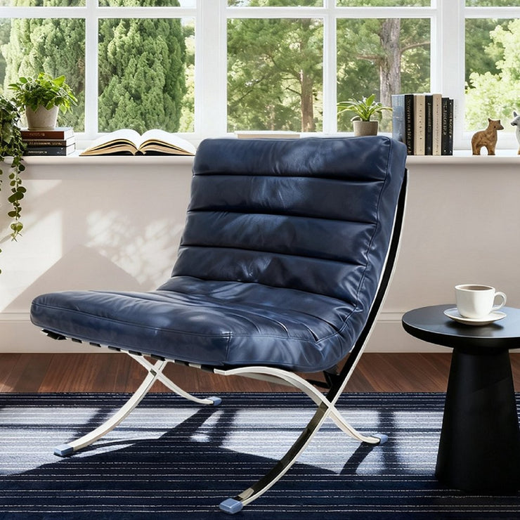 29" Blue and Silver Tufted Leather and Upholstered Folding Lounge Chair - Fluent Trends Accent Chairs