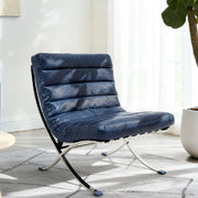 29" Blue and Silver Tufted Leather and Upholstered Folding Lounge Chair - Fluent Trends Accent Chairs