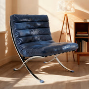 29" Blue and Silver Tufted Leather and Upholstered Folding Lounge Chair - Fluent Trends Accent Chairs