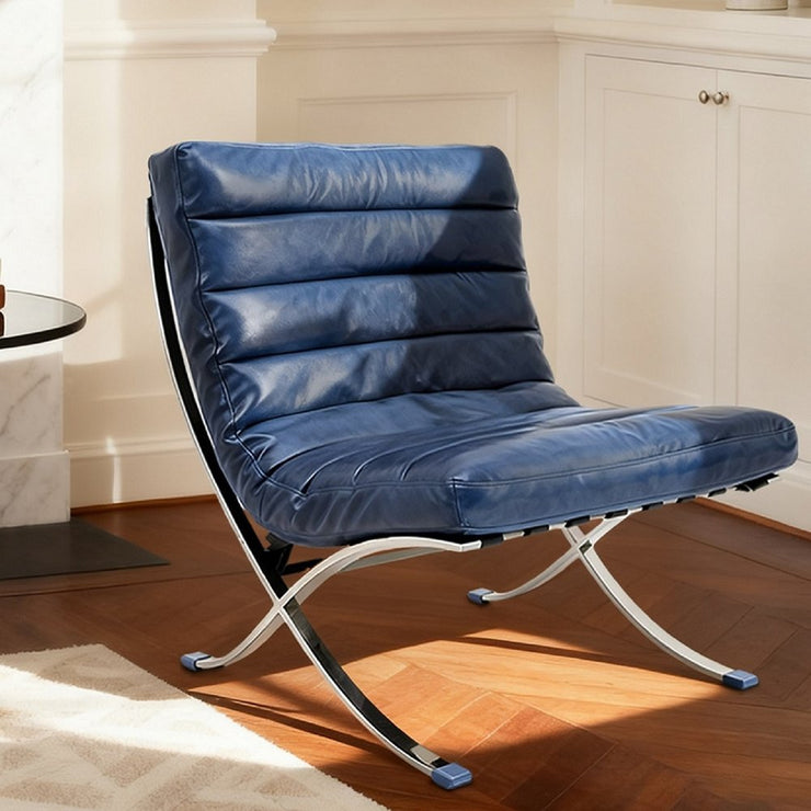 29" Blue and Silver Tufted Leather and Upholstered Folding Lounge Chair - Fluent Trends Accent Chairs