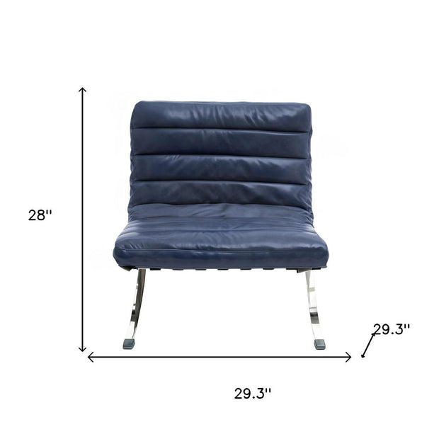 29" Blue and Silver Tufted Leather and Upholstered Folding Lounge Chair - Fluent Trends Accent Chairs