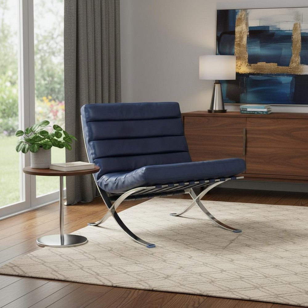 29" Blue and Silver Tufted Leather and Upholstered Folding Lounge Chair