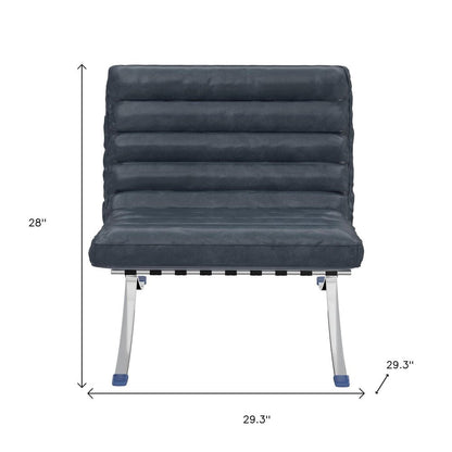 29" Blue and Silver Tufted Leather and Upholstered Folding Lounge Chair HomeRoots
