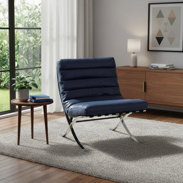 29" Blue and Silver Tufted Leather and Upholstered Folding Lounge Chair - Fluent Trends Accent Chairs