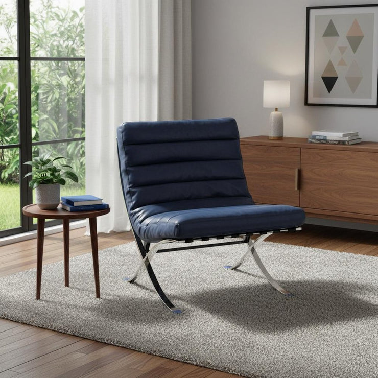 29" Blue and Silver Tufted Leather and Upholstered Folding Lounge Chair - Fluent Trends Accent Chairs