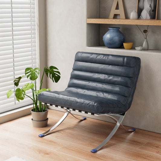 29" Blue and Silver Tufted Leather and Upholstered Folding Lounge Chair HomeRoots