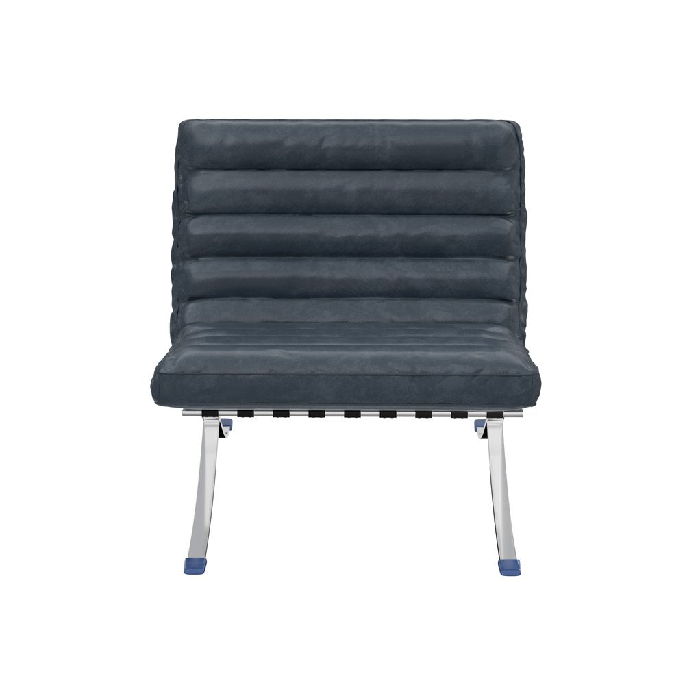 29" Blue and Silver Tufted Leather and Upholstered Folding Lounge Chair HomeRoots