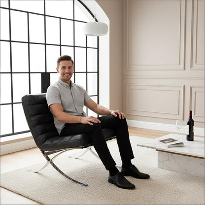 29" Black and Silver Tufted Leather and Upholstered Folding Lounge Chair