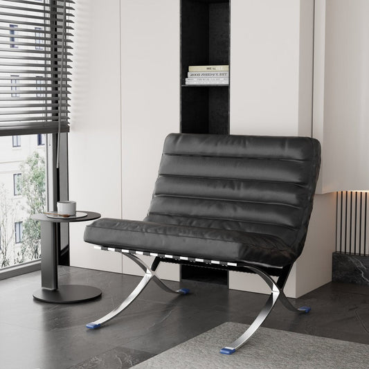 29" Black and Silver Tufted Leather and Upholstered Folding Lounge Chair HomeRoots