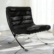 29" Black and Silver Tufted Leather and Upholstered Folding Lounge Chair - Fluent Trends Accent Chairs