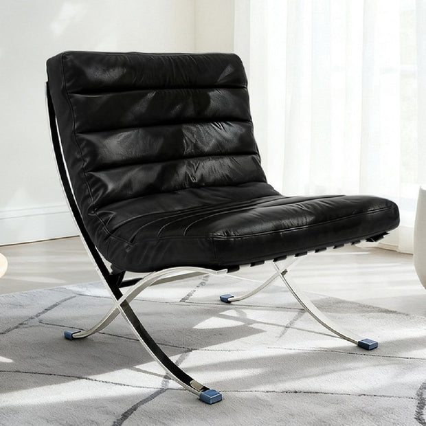 29" Black and Silver Tufted Leather and Upholstered Folding Lounge Chair - Fluent Trends Accent Chairs