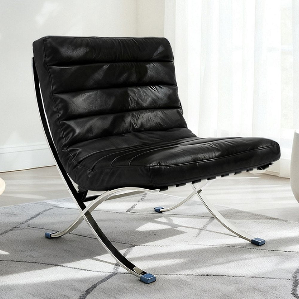 29" Black and Silver Tufted Leather and Upholstered Folding Lounge Chair