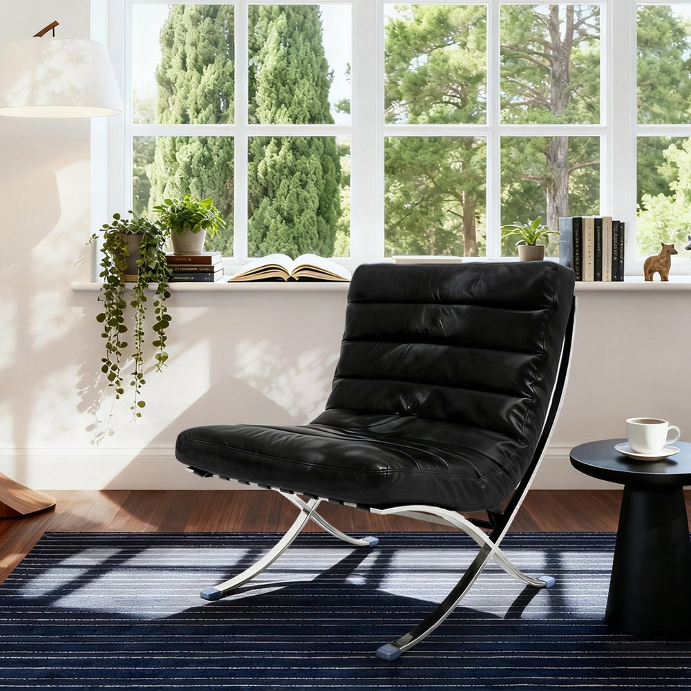 29" Black and Silver Tufted Leather and Upholstered Folding Lounge Chair