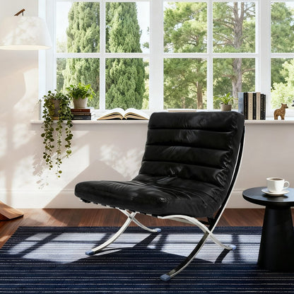 29" Black and Silver Tufted Leather and Upholstered Folding Lounge Chair