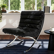 29" Black and Silver Tufted Leather and Upholstered Folding Lounge Chair - Fluent Trends Accent Chairs
