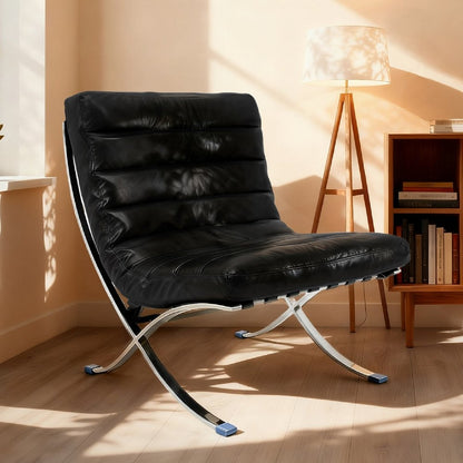 29" Black and Silver Tufted Leather and Upholstered Folding Lounge Chair