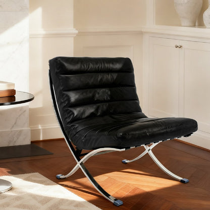 29" Black and Silver Tufted Leather and Upholstered Folding Lounge Chair