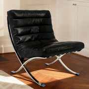 29" Black and Silver Tufted Leather and Upholstered Folding Lounge Chair - Fluent Trends Accent Chairs