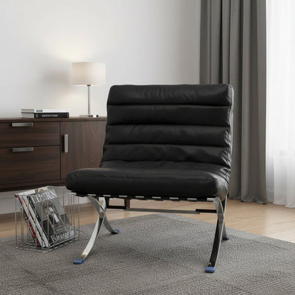 29" Black and Silver Tufted Leather and Upholstered Folding Lounge Chair