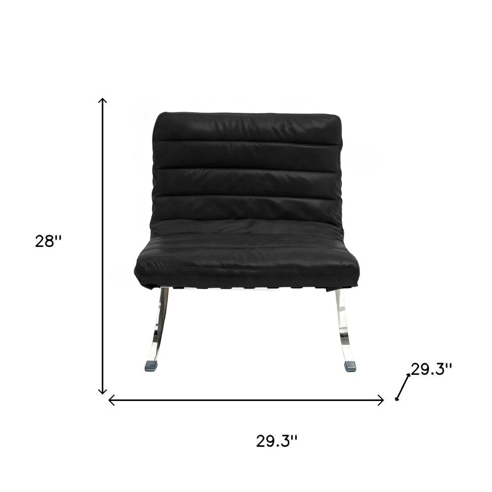 29" Black and Silver Tufted Leather and Upholstered Folding Lounge Chair