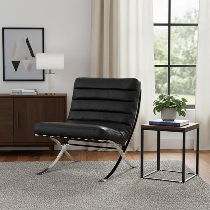 29" Black and Silver Tufted Leather and Upholstered Folding Lounge Chair