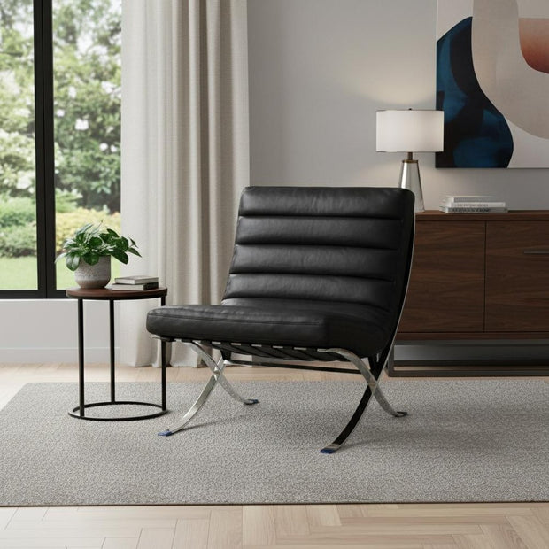 29" Black and Silver Tufted Leather and Upholstered Folding Lounge Chair - Fluent Trends Accent Chairs