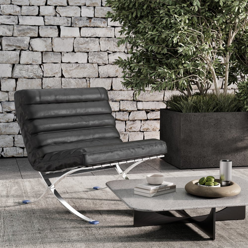 29" Black and Silver Tufted Leather and Upholstered Folding Lounge Chair HomeRoots