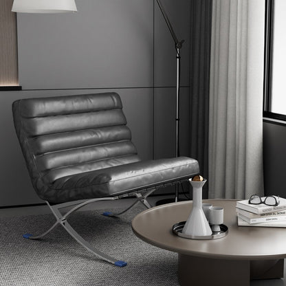 29" Black and Silver Tufted Leather and Upholstered Folding Lounge Chair HomeRoots
