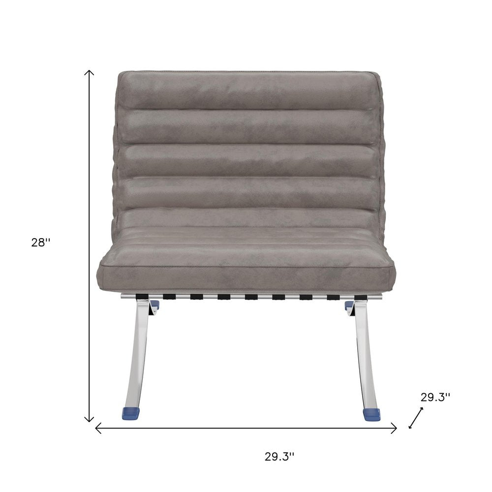 29" Gray and Silver Tufted Leather and Upholstered Folding Lounge Chair
