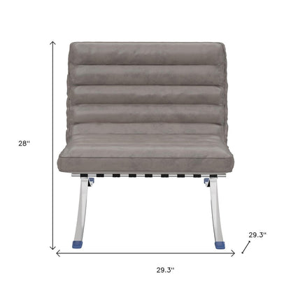 29" Gray and Silver Tufted Leather and Upholstered Folding Lounge Chair