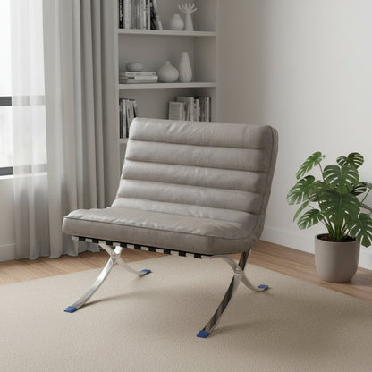 29" Gray and Silver Tufted Leather and Upholstered Folding Lounge Chair