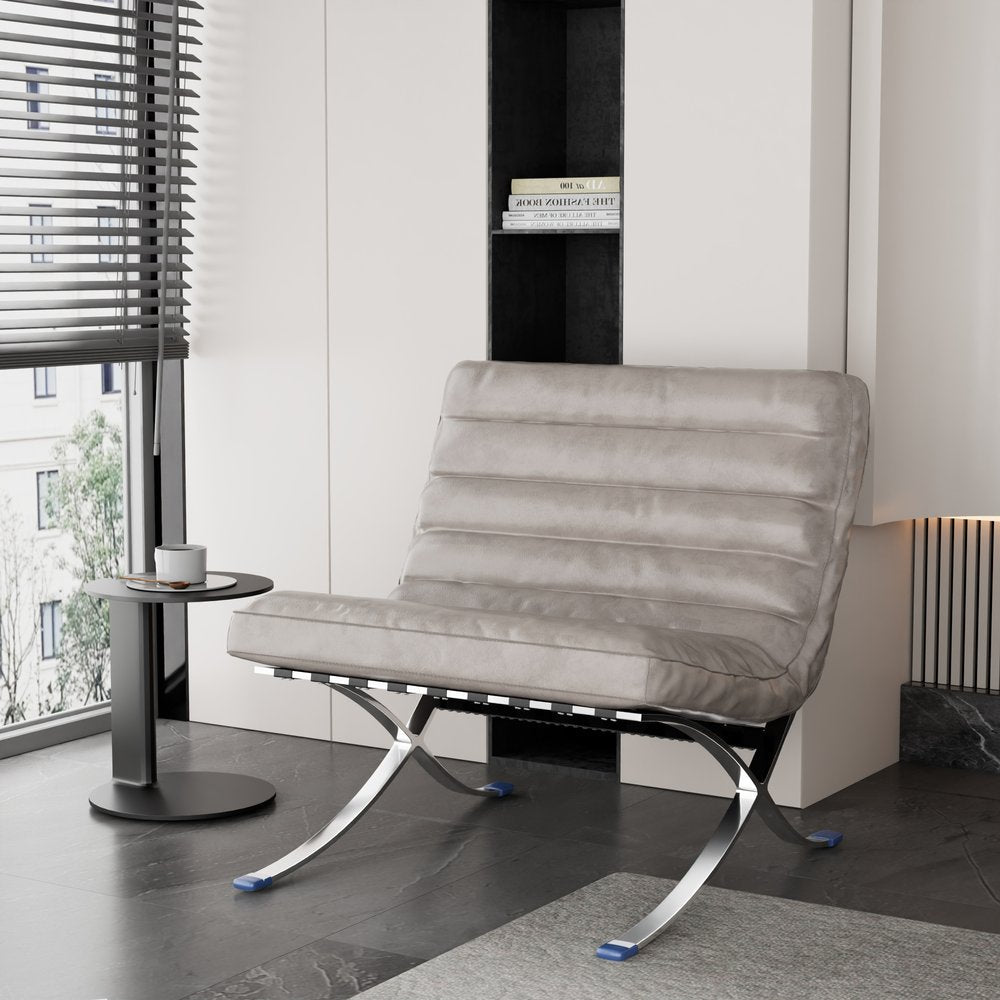 29" Gray and Silver Tufted Leather and Upholstered Folding Lounge Chair HomeRoots
