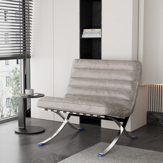29" Gray and Silver Tufted Leather and Upholstered Folding Lounge Chair HomeRoots