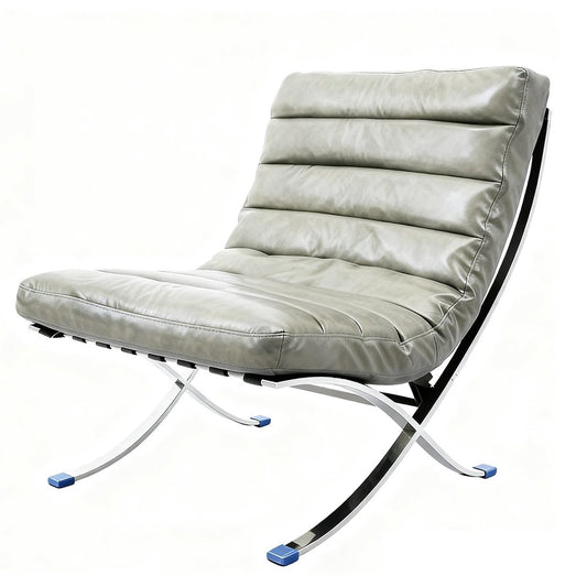 29" Gray and Silver Tufted Leather and Upholstered Folding Lounge Chair