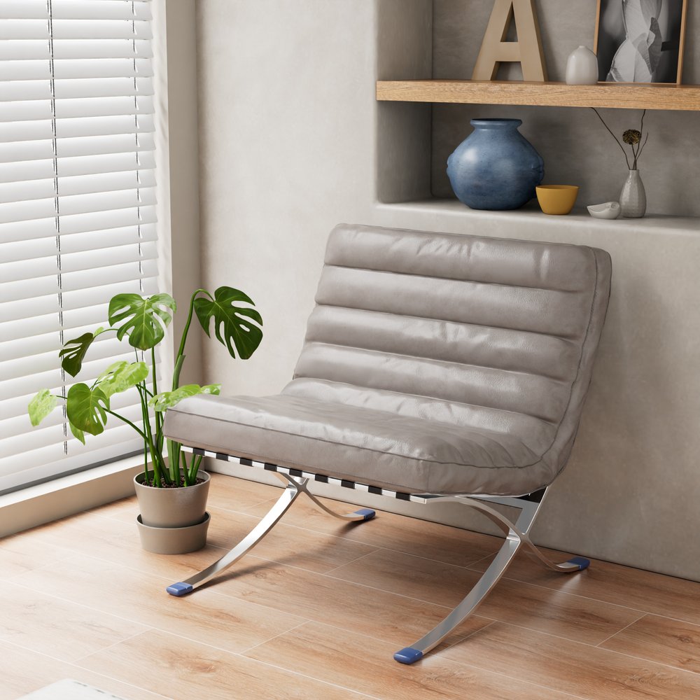 29" Gray and Silver Tufted Leather and Upholstered Folding Lounge Chair