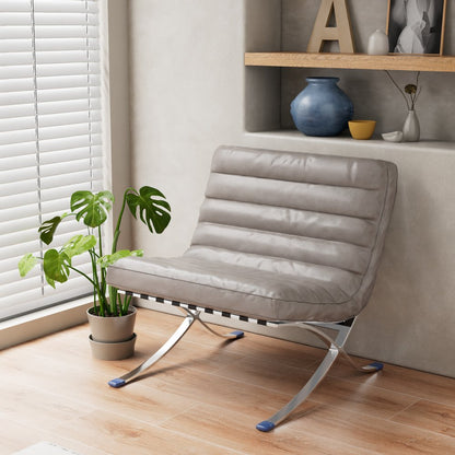 29" Gray and Silver Tufted Leather and Upholstered Folding Lounge Chair