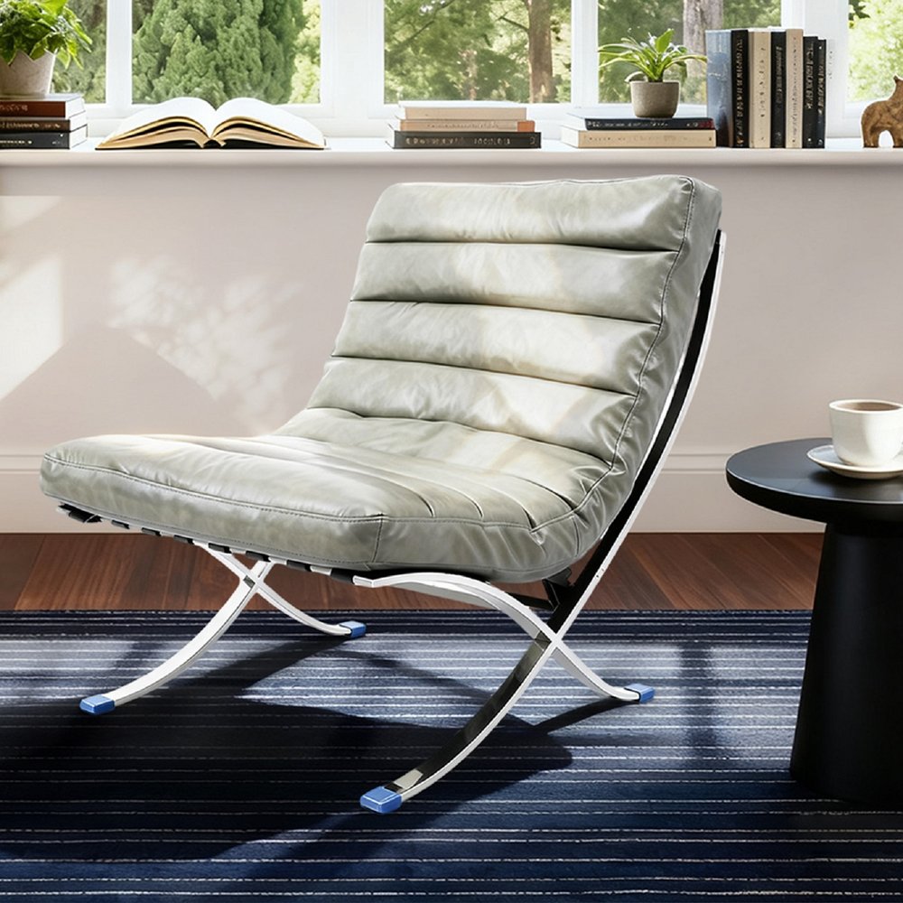 29" Gray and Silver Tufted Leather and Upholstered Folding Lounge Chair