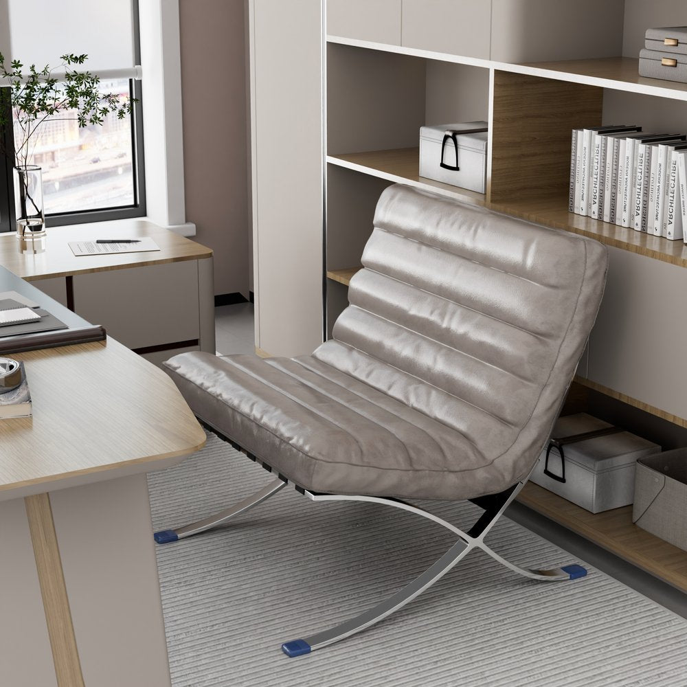 29" Gray and Silver Tufted Leather and Upholstered Folding Lounge Chair