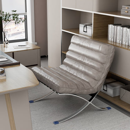 29" Gray and Silver Tufted Leather and Upholstered Folding Lounge Chair