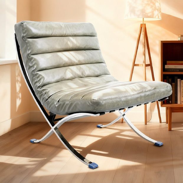 29" Gray and Silver Tufted Leather and Upholstered Folding Lounge Chair - Fluent Trends Accent Chairs