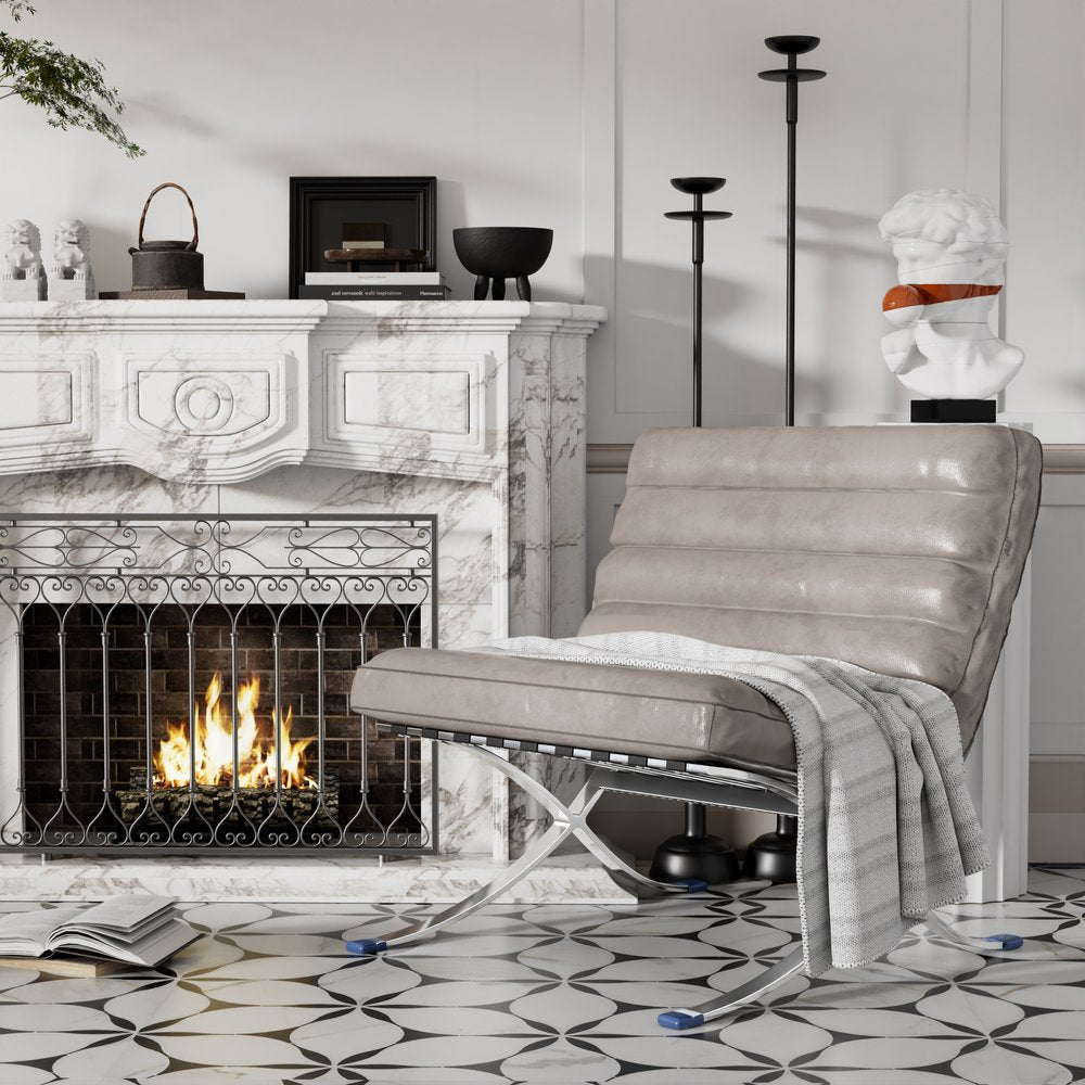 29" Gray and Silver Tufted Leather and Upholstered Folding Lounge Chair