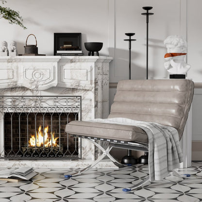 29" Gray and Silver Tufted Leather and Upholstered Folding Lounge Chair